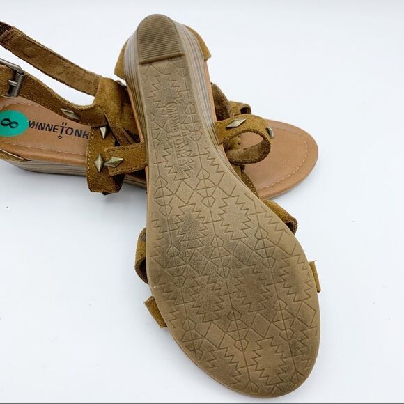 Minnetonka Merriam Suede Fringe Sandals Tan Wedge Sz 8 - Picture 12 of 13